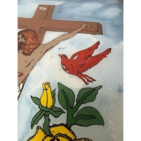 Vintage 1977 Attica Prison Inmate Folk Art Hand Painted Glass Jesus Crucifixion - Picture 3 of 16